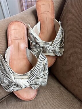 Dolce Vita Cream and Black Striped Bow Slide Sandals